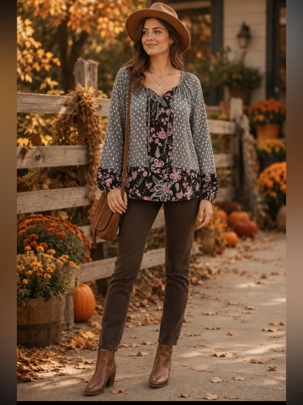 🎄🧑‍🎄 Boho Floral Peasant Blouse Gray Black Mixed Print Tie Neck NWT 1X